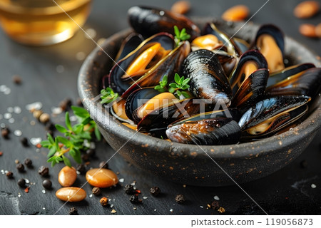 Delicious Mussels in Shell with Herbs and Spices on Dark Background - Culinary Delight for Fine Dining Menu Design Generative AI 119056873