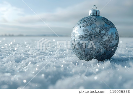 Sparkling Blue Christmas Ornament on Snowy Winter Landscape for Festive Decoration Generative AI Sparkling Blue Christmas Ornament on Snowy Winter Landscape for Festive Decoration Generative AI 119056888