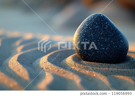 Tranquil Beach Scene with Smooth Stone on Rippled Sand at Sunset Generative AI 119056993