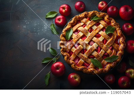 Homemade Apple Pie with Fresh Red Apples and Lattice Crust for Autumn Baking Generative AI 119057043