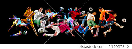 Exciting compilation of footballers in mid-kick against black background, creating sense of intensity and focus on sport. Exciting compilation of footballers in mid-kick against black background, creating sense of intensity and focus on sport. 119057240