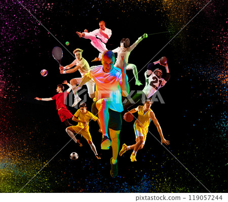 Glowing action collage with athletes captured mid-motion in neon light against dark background, emphasizing movement and power. Glowing action collage with athletes captured mid-motion in neon light against dark background, emphasizing movement and power. 119057244
