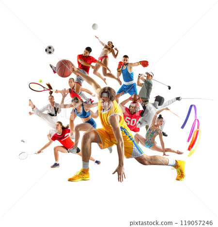 Collage of athletes from diverse sports, placed against white background, celebrating vibrancy of athletic competition. Collage of athletes from diverse sports, placed against white background, celebrating vibrancy of athletic competition. 119057246