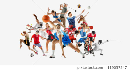 Massive sports collage featuring various athletes in midst of action, bringing strong sense of competition and movement. Massive sports collage featuring various athletes in midst of action, bringing strong sense of competition and movement. 119057247