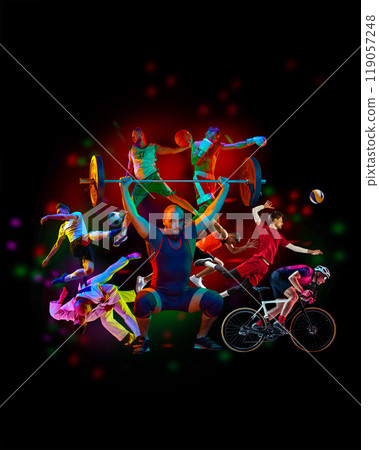 Neon-colored action collage of athletes in motion against black background, creating electrifying energy of motion and strength. Neon-colored action collage of athletes in motion against black background, creating electrifying energy of motion and strength. 119057248