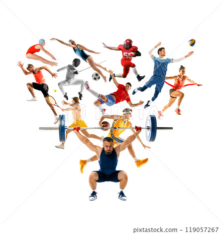 Dynamic collage of athletes in action from various sports. Image highlights strength, agility, and precision on white background. 119057267