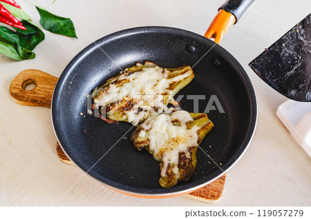 Baked eggplant with cheese Baked eggplant with cheese 119057279