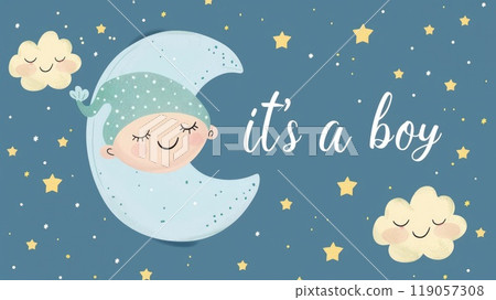its a boy baby birth greetign card with moon and stars illustration its a boy baby birth greetign card with moon and stars illustration 119057308