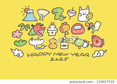 蛇年賀卡和新年幸運符2025手繪黃色 119057310