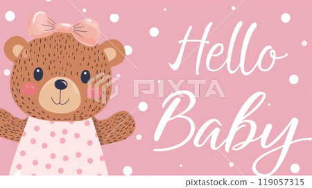 pink baby birth greeting card with cute bear illustration 119057315
