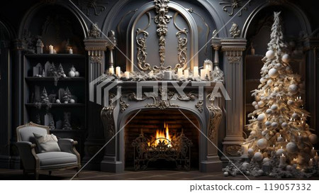 A room with a fireplace decorated with Christmas decorations with a tree and New Year's gifts and toys 119057332
