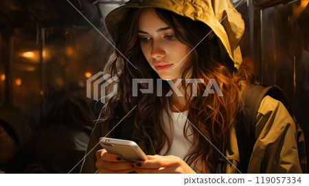 Beautiful young woman with a phone in her hands in a subway car. Close-up of a woman's face 119057334