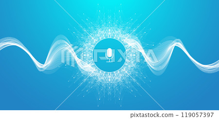Voice assistant concept. Vector sound wave. Voice and sound recognition equalizer wave flow background. Personal assistant and voice recognition concept gradient vector illustration. 119057397