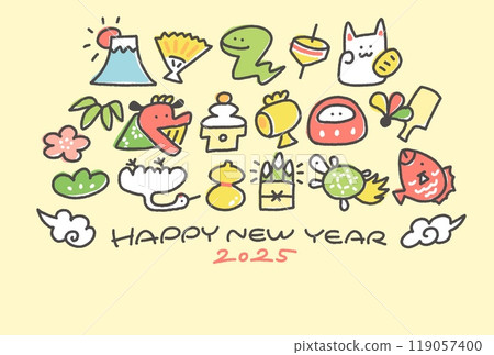 新年賀卡與蛇、新年幸運符 2025 年手繪 新年賀卡與蛇、新年幸運符 2025 年手繪 119057400