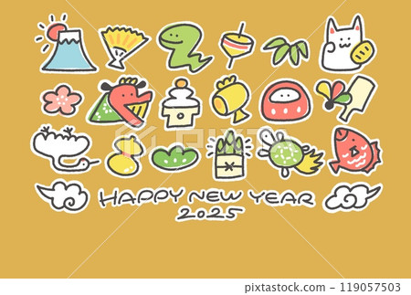 New Year's card with snake and New Year's lucky charms 2025 hand-drawn gold 119057503