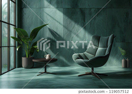 Modern Green Interior with Cozy Armchair and Indoor Plant for Contemporary Design Generative AI 119057512