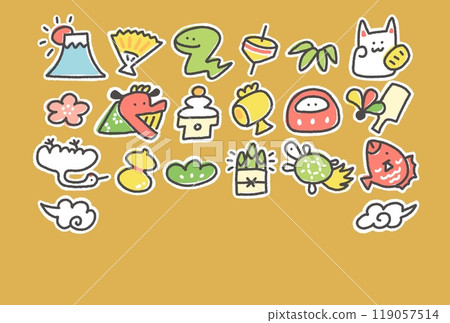 Snakes and New Year's lucky charms, New Year's card material, hand-drawn, Year of the snake, line drawing 119057514