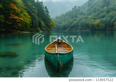 Tranquil Autumn Canoe Scene on Misty Forest Lake for Serenity and Nature Themes Generative AI 119057522
