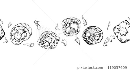 Traditional Japanese food, sushi rolls with raw fish salmon unagi tuna shrimp, california philadelphia alaska, hand drawn in vector pen and ink. Seamless banner for restaurant, cafe menu, recipe book Traditional Japanese food, sushi rolls with raw fish salmon unagi tuna shrimp, california philadelphia alaska, hand drawn in vector pen and ink. Seamless banner for restaurant, cafe menu, recipe book 119057609