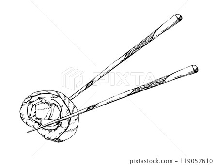 Japanese food sushi rolls on chopsticks with raw fish salmon avocado tuna shrimp, california philadelphia alaska, hand drawn in vector pen and ink. Illustration for restaurant, cafe menu, recipe book 119057610