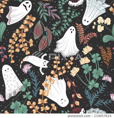 Seamless Halloween Pattern Design. Cute ghosts in garden flowers and grass. Vector illustration 119057624