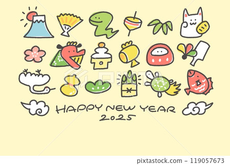 New Year's card with snake and New Year's lucky charms 2025 hand-drawn line drawing 119057673