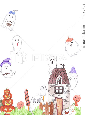 Hand drawn watercolor Halloween ghosts and haunted house frame border isolated on white background. Can be used for postcard, label, scrapbook and other printed products. Hand drawn watercolor Halloween ghosts and haunted house frame border isolated on white background. Can be used for postcard, label, scrapbook and other printed products. 119057894