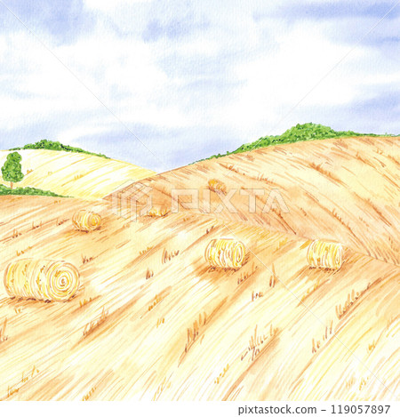 Hand drawn watercolor landscape with dry fields and blue sky isolated on white background. Can be used for postcard, label, scrapbook and other printed products. 119057897