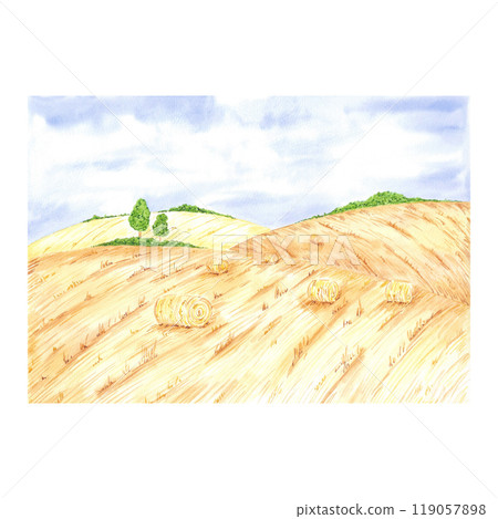 Hand drawn watercolor landscape with dry fields and blue sky isolated on white background. Can be used for postcard, label, scrapbook and other printed products. 119057898