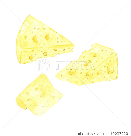 Hand drawn watercolor pieces of cheese isolated on white background. Can be used for postcard, label, scrapbook and other printed products. Hand drawn watercolor pieces of cheese isolated on white background. Can be used for postcard, label, scrapbook and other printed products. 119057900