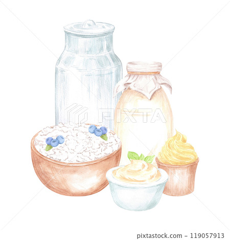 Hand drawn watercolor dairy products composition isolated on white background. Can be used for postcard, label, scrapbook and other printed products. Hand drawn watercolor dairy products composition isolated on white background. Can be used for postcard, label, scrapbook and other printed products. 119057913