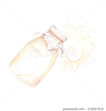 Hand drawn watercolor bottle of milk with splashes composition isolated on white background. Can be used for postcard, label, scrapbook and other printed products. Hand drawn watercolor bottle of milk with splashes composition isolated on white background. Can be used for postcard, label, scrapbook and other printed products. 119057918