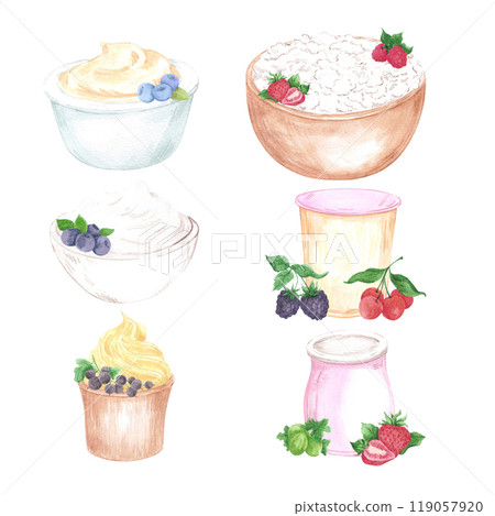 Hand drawn watercolor dairy products with berries isolated on white background. Can be used for postcard, label, scrapbook and other printed products. Hand drawn watercolor dairy products with berries isolated on white background. Can be used for postcard, label, scrapbook and other printed products. 119057920
