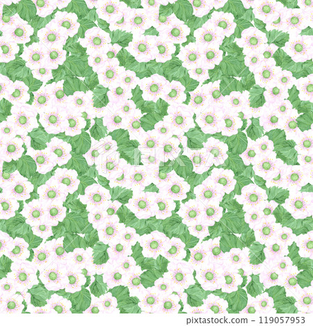 Hand drawn watercolor strawberry blossom with green leaves seamless pattern isolated on white background. Can be used for textile, fabric and other printed products. 119057953