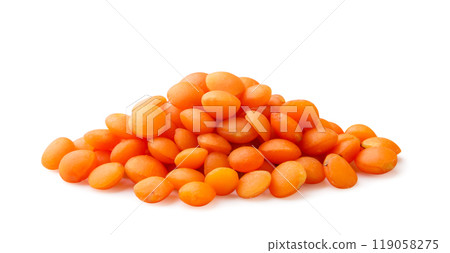 Pile of red lentils close-up on a white background. Isolated Pile of red lentils close-up on a white background. Isolated 119058275