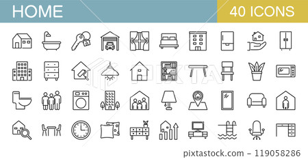 與房屋、家具和家用電器相關的圖示集 119058286
