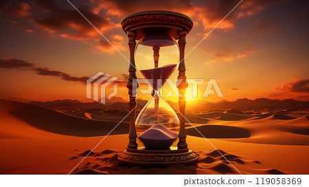 Hourglass son serene desert landscape at sunset, surreal abstract background. Generative AI Hourglass son serene desert landscape at sunset, surreal abstract background. Generative AI 119058369