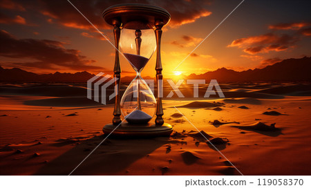 Hourglass son serene desert landscape at sunset, surreal abstract background. Generative AI 119058370