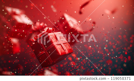 Festive red gift boxes floating with shimmering confetti, Christmas background. Generative AI Festive red gift boxes floating with shimmering confetti, Christmas background. Generative AI 119058371