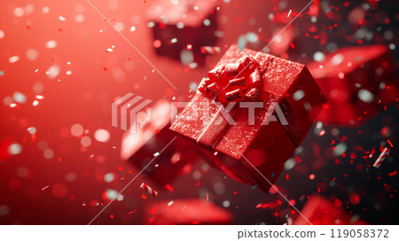 Festive red gift boxes floating with shimmering confetti, Christmas background. Generative AI Festive red gift boxes floating with shimmering confetti, Christmas background. Generative AI 119058372