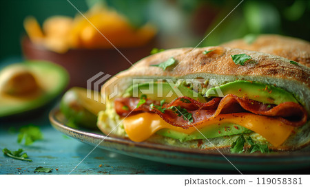 Delicious grilled cheese sandwich with avocado on a rustic plate at home. Generative AI 119058381