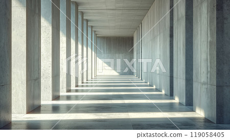 Bright Modern Concrete Hallway with Sunlight and Strong Shadows. Abstract background. Generative AI 119058405
