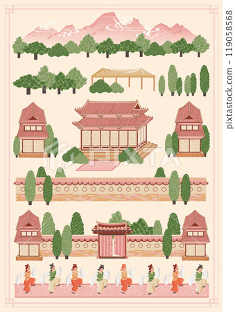 Modern Vector Illustration of Korean Traditional Folk Paintings Depicting Historical Events. Template design for stickers and icons.	 119058568