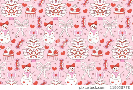 Pink girly coquette christmas pattern. Merry christmas and happy new year Lovely cute textile print. Vector illustration Pink girly coquette christmas pattern. Merry christmas and happy new year Lovely cute textile print. Vector illustration 119058778