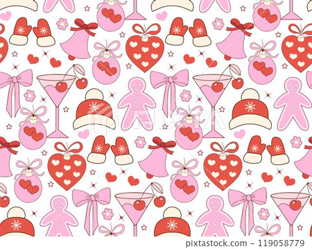 Pink girly coquette christmas pattern. Merry christmas and happy new year Lovely cute textile print. Vector illustration 119058779