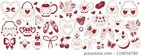Cute girly coquette retro aesthetic set, elegant vintage accessory. Lovely cute collection, red cherrie, ribbon, bow, balloon dog isolated on white background. Vector illustration Cute girly coquette retro aesthetic set, elegant vintage accessory. Lovely cute collection, red cherrie, ribbon, bow, balloon dog isolated on white background. Vector illustration 119058780