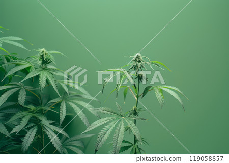 Close-up of cannabis leaves on pastel green background, natural health and botanical concept Close-up of cannabis leaves on pastel green background, natural health and botanical concept 119058857