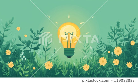 Eco-friendly innovation: light bulb surrounded by vibrant green foliage and yellow flowers 119058882
