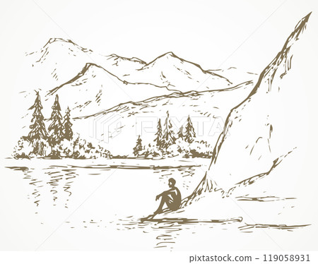 Firs on hill above river. Vector drawing Firs on hill above river. Vector drawing 119058931