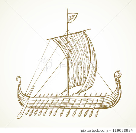 Ancient Viking ship. Vector drawing 119058954